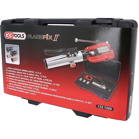 Werkzeugkoffer mit KS Tools FlareFix II Beschriftung und Werkzeugen.